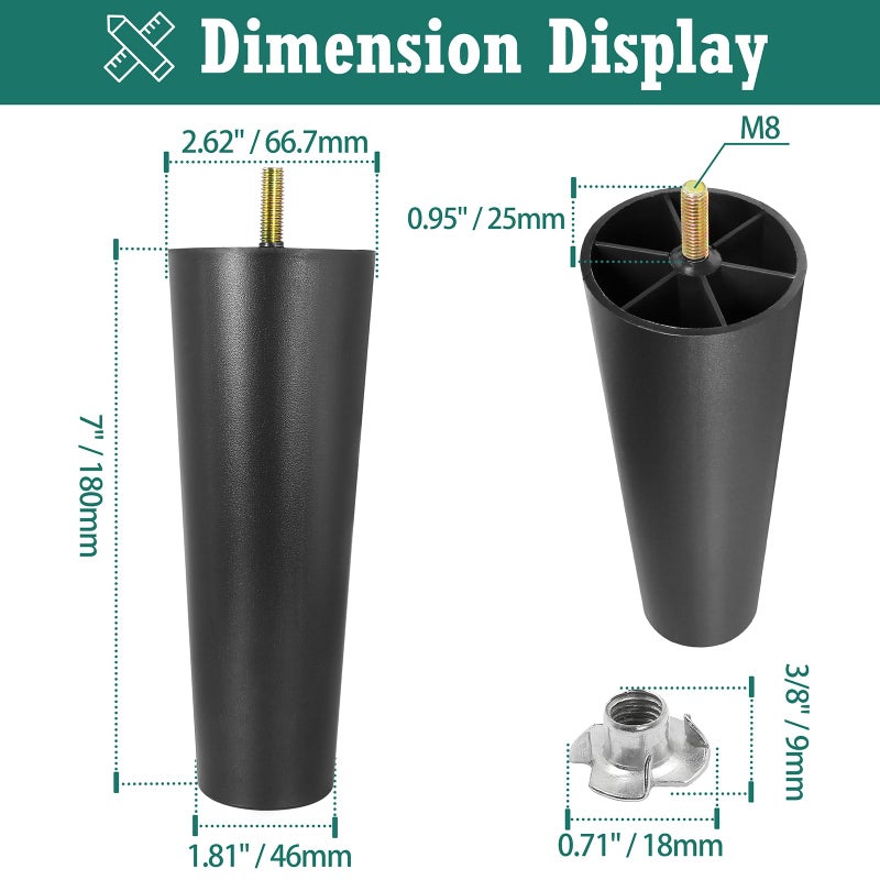 Masendelk 7 inch Plastic Furniture Legs, Round Tapered Table Legs Black Sofa Legs Replacement Legs with M8 Hanger Bolts for Couch Table Sofa, Pack of 4 - Image 3